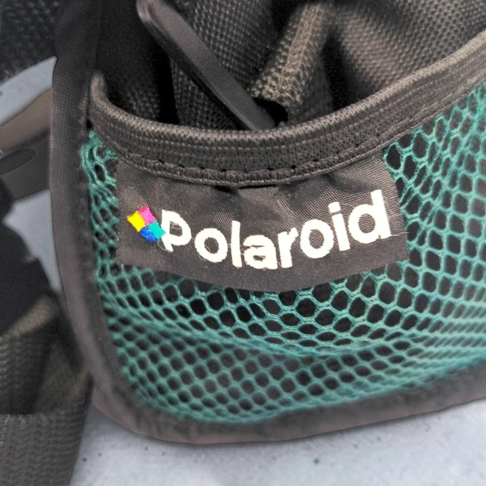 VTG Polaroid Camera Bag Small Unisex Black Nylon Green Mesh Shoulder Strap 90s